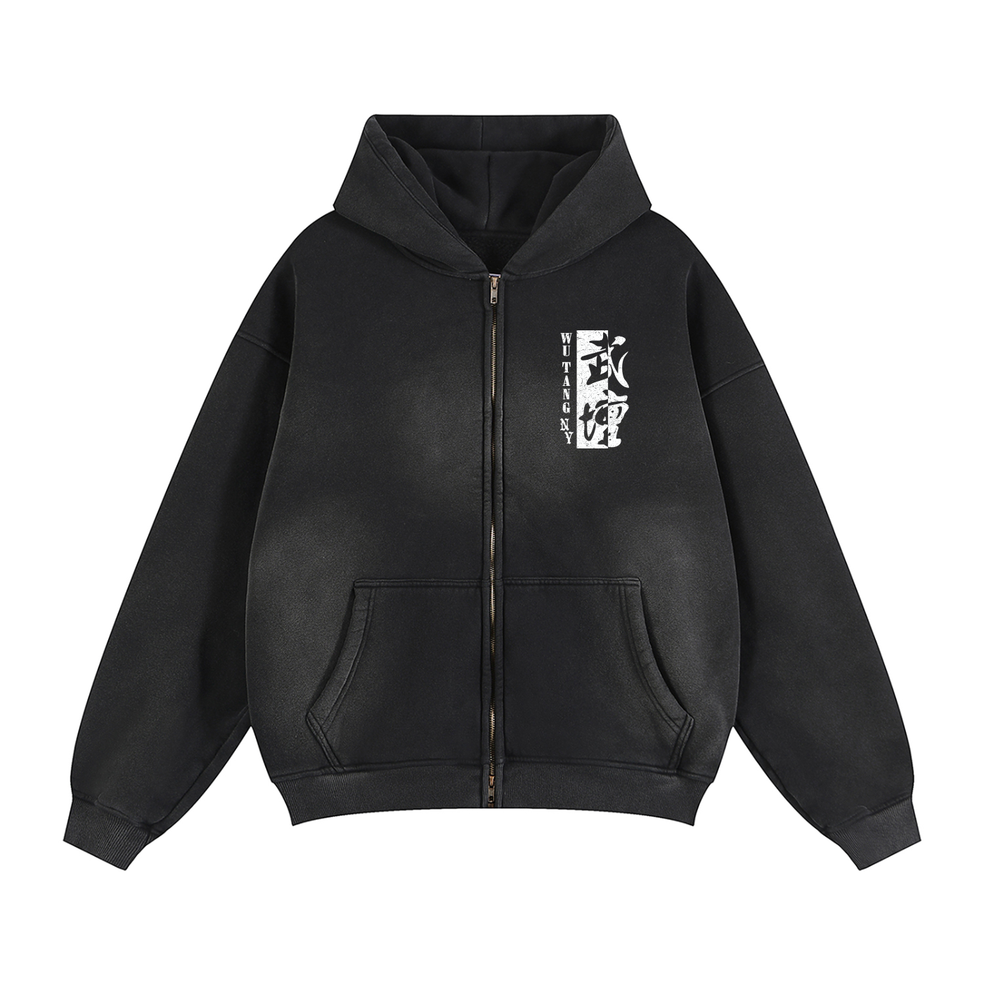 NEW YORK WU TANG - LOGO 2-WAY ZIPPER PREMIUM FLEECE HOODIE - FADED BLACK