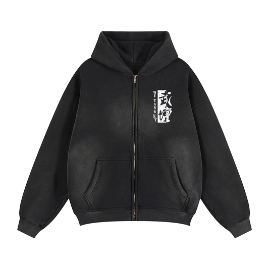 NEW YORK WU TANG - LOGO 2-WAY ZIPPER PREMIUM FLEECE HOODIE - FADED BLACK